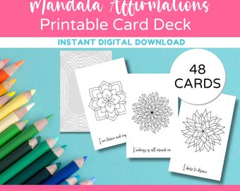 May include: A set of 48 printable coloring cards featuring mandala designs and positive affirmations. The cards are perfect for mindfulness and relaxation. The text on the cards includes "I am brave and my", "Kindness is all around me", and "I dare to dream".