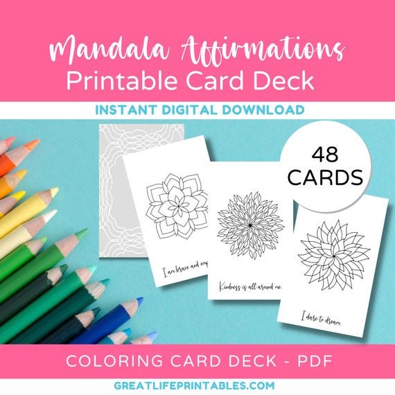 Printable Mandala Affirmations Card Deck, Affirmation Card Deck, Affirmation Cards, Coloring for Adults, Coloring Pages, Instant Download
