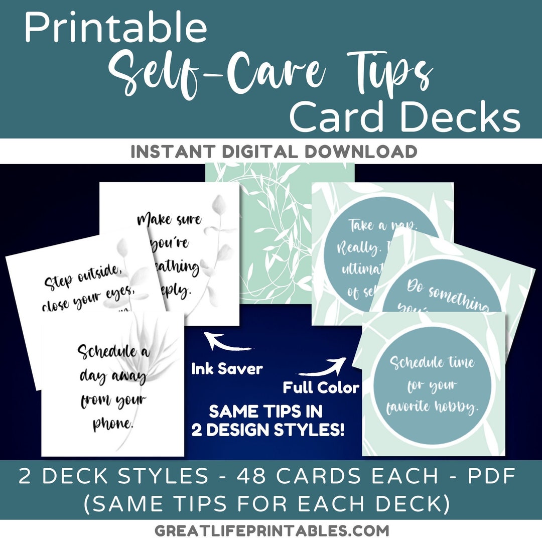 Printable Self-care Cards, Self Care Card Deck, Self Care Tips, Self Love Cards, Motivational ...