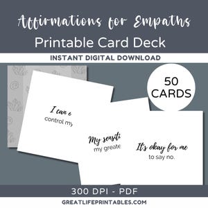 Tarjetas de afirmación, empatía intuitiva, baraja de afirmaciones, baraja de oráculo, baraja imprimible, cuidado personal imprimible, baraja de cartas minimalista, amor propio