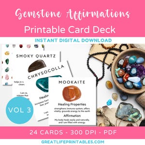 Printable Gemstone Cards, Printable Crystal Card Deck, Crystal Affirmation Cards, Healing Affirmations Crystal Oracle Deck, Instant Download
