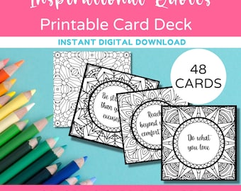Inspirational Quotes Printable Card Deck, Printable Affirmation Cards, Color Your Oracle, Motivational Quotes Coloring, Instant Download
