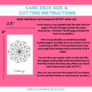May include: Printable coloring cards featuring a mandala design with the text "I embrace joy". The cards are 2.5 inches by 4 inches and are designed to be cut out and colored.