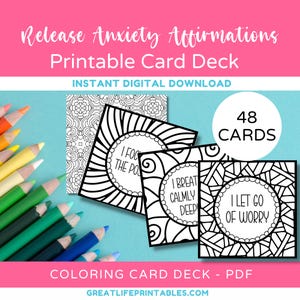 Release Anxiety Affirmations Printable Card Deck, Printable Affirmation Cards, Anxiety Coloring Pages, Coloring Cards, Instant Download, PDF