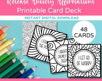 Release Anxiety Affirmations Printable Card Deck, Printable Affirmation Cards, Anxiety Coloring Pages, Coloring Cards, Instant Download, PDF