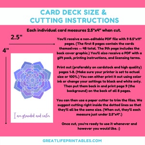 May include: A printable card deck with a mandala design in shades of purple and blue. The cards are 2.5 inches by 4 inches and feature the text "I am grounded and calm".