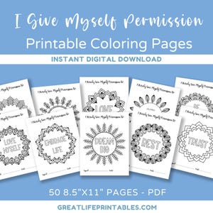 Pacote de páginas para colorir com permissão para impressão, páginas para colorir para adultos, página para colorir digital, autocuidado, amor próprio, download instantâneo, PDF