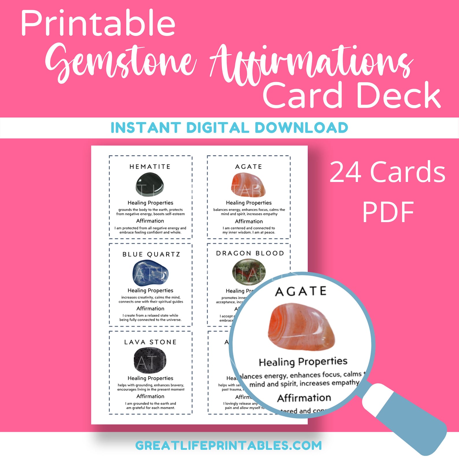 Printable Gemstone Cards, Printable Crystal Card Deck, Crystal ...