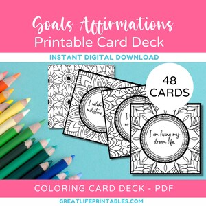 Goals Printable Affirmations Card Deck, Printable Affirmation Cards, Color Your Oracle, Affirmation Coloring, Motivational, Instant Download