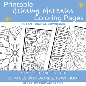 May include: Printable coloring pages featuring intricate mandalas with the words "Aceful" and "Tranquil" printed on them.  There are 30 pages, 8.5 inches by 11 inches, in total.  15 pages have words and 15 pages do not.