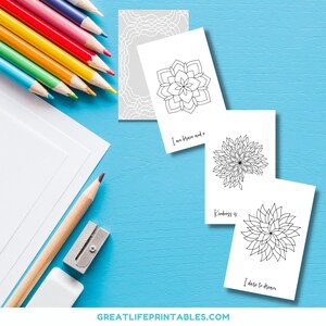 May include: Four printable coloring pages with mandala designs and inspirational quotes. The quotes are "I am brave and strong", "Kindness is", and "I dare to dream".