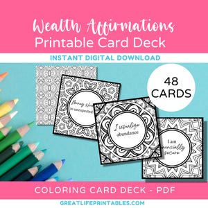 Manifest Wealth Printable Affirmations Card Deck, Printable Affirmation Cards, Affirmation Coloring, Abundance Affirmation Cards, PDF