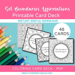 Set Boundaries Printable Affirmations Card Deck, Printable Affirmation Cards, Affirmation Coloring, Coloring Pages, Self Care Printable