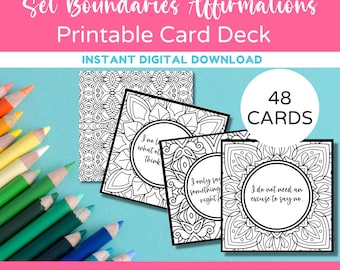 May include: A printable coloring card deck with 48 cards featuring affirmations about setting boundaries. The cards have intricate mandala designs and are ready to be colored. The text on the cards includes phrases like "I only say something right if..." and "I do not need an excuse to say no."