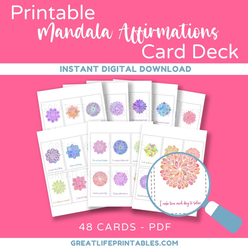 May include: A set of 48 printable mandala affirmation cards. The cards feature colorful mandalas with positive affirmations printed on each card. The cards are designed to help you relax and focus on positive thoughts.  "I make time each day to relax" is printed on one of the cards.