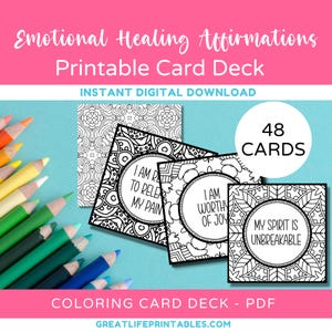 Emotional Healing Printable Affirmations Card Deck, Printable Affirmation Cards, Affirmation Coloring, Coloring Pages, Instant Download, PDF