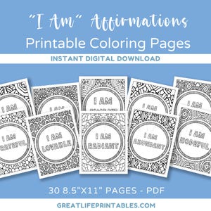 Printable Affirmations Coloring Pages, Digital Coloring Pages, Adult Coloring Page, Meditation Coloring, Motivational, Instant Download, PDF