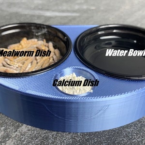 May include: A blue plastic reptile feeding dish with three compartments. The compartments are labeled "Mealworm Dish", "Water Bowl", and "Calcium Dish".