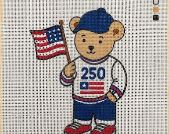 Lienzo bordado con diseño de oso patriótico / América 250, pintado a mano (Edición limitada)
