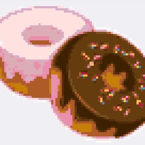 May include: A pixel art illustration of two donuts. One donut is in the background with light pink frosting. The second donut is in the foreground, featuring dark brown chocolate frosting topped with small, multi-colored sprinkles.