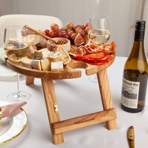 Portable picnic table, Wine Wooden Table, Outdoors Cheese Snack Tray, Wine lover gift Serving table tray Housewarming gift Wine glass holder no engraving