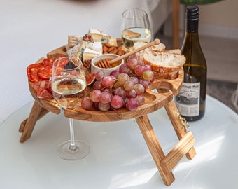 Wine Wooden Portable Picnic Table - Outdoors Cheese and Snack Tray - Wine lover gift - Serving table-tray - Housewarming gift