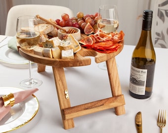 Portable picnic table, Wine Wooden Table, Outdoors Cheese Snack Tray, Wine lover gift Serving table tray Housewarming gift Wine glass holder