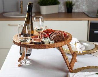 Wine Wooden Portable Picnic Table - Outdoors Cheese and Snack Tray - Wooden Gift Present