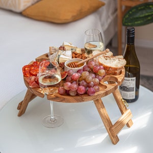 Outdoor Wine Table, Wooden Portable Table, folding bed tray, serving picnic table, personalized gift, sommelier wine board housewarming gift image 9