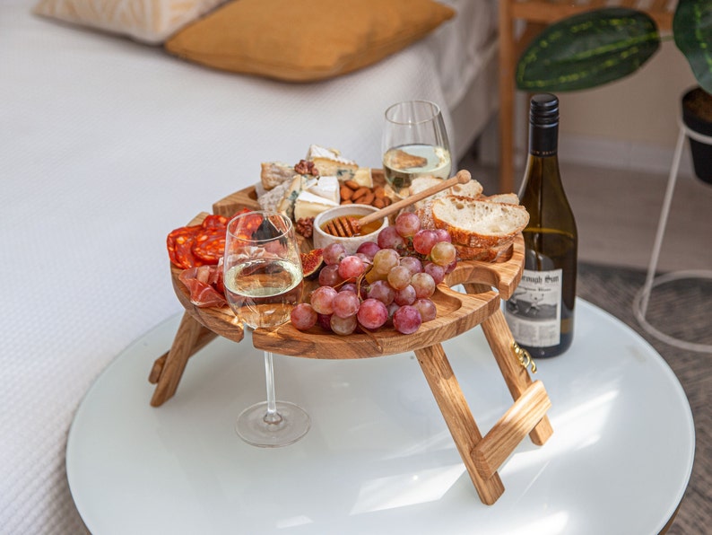 Outdoor Wine Table, Wooden Portable Table, folding bed tray, serving picnic table, personalized gift, sommelier wine board housewarming gift image 9