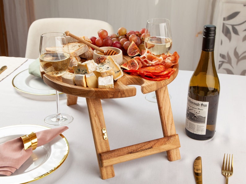 Portable picnic table, Wine Wooden Table, Outdoors Cheese Snack Tray, Wine lover gift Serving table tray Housewarming gift Wine glass holder no engraving