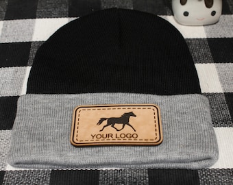 Custom Leather Patch Beanie | Cuffed Beanie | Free Shipping | Personalized Gift | Free Shipping |