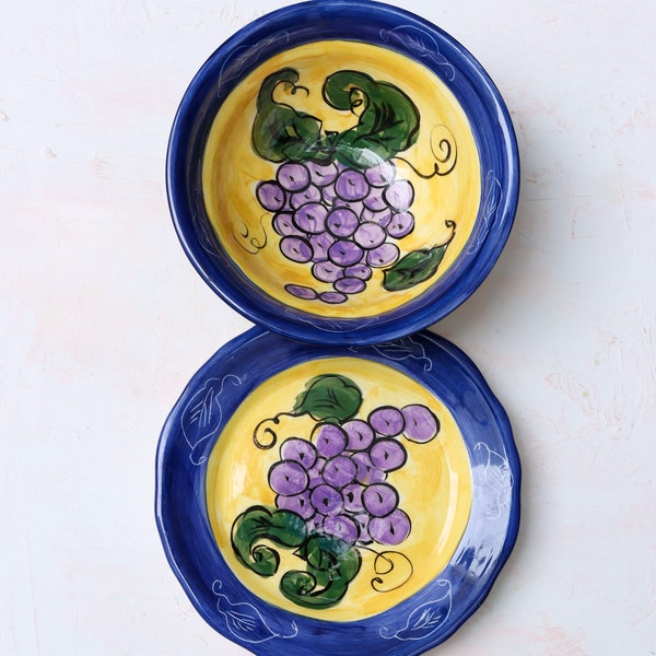 Vintage pottery handmade bowl and plate set grapes handpainted snack bowl salad pottery dish colours by Chris Canada food photo prop styling