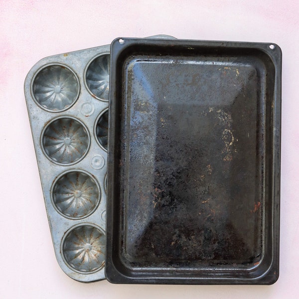 Vintage weathered baking sheet patina food photo props food styling prop baking tins muffin pan Bundt cakes tin farmhouse kitchen old metal