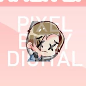Könnte beinhalten: Eine Cartoon-Illustration einer Person mit braunen Haaren und einem blauen Hemd. Das Bild trägt den Titel "STREAMER EMOTES" und hat den Text "PIXEL BY DIGITAL" unter der Illustration. Das Bild enthält auch den Text "28x28 - 56x56 - 112x112".