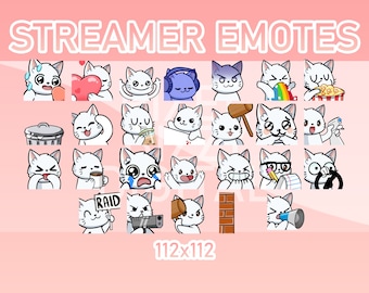 Animated Twitch, Discord and Kick Emotes - Animated White Cat Pack (Set of 26)