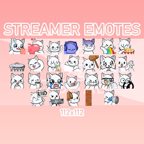 Animated Twitch, Discord and Kick Emotes - Animated White Cat Pack (Set of 26)