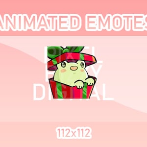 May include: Animated emote of a green frog peeking out of a red and green gift box. The box is open and the frog is looking to the right. The emote is 112x112 pixels.