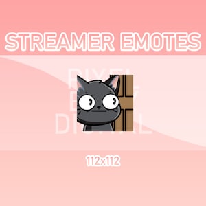 Può includere: Grafica digitale con un gatto nero dei cartoni animati con grandi occhi bianchi e un'espressione neutra. Il testo "STREAMER EMOTES" è in alto, con "112x112" in basso. Lo sfondo è una sfumatura di rosa e bianco.
