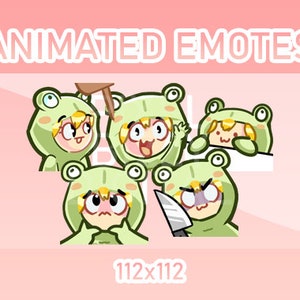 Könnte beinhalten: Fünf animierte Emojis mit einer Figur, die ein grünes Frosch-Kostüm trägt. Die Emojis sind 112x112 Pixel groß. Die Figur wird mit verschiedenen Gesichtsausdrücken gezeigt, darunter überrascht, glücklich, schüchtern und wütend.