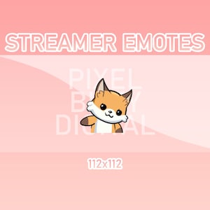 May include: A cute orange and white fox cartoon character with a friendly expression, waving with its right paw. The character is set against a pink background with the text "STREAMER EMOTES" at the top and "PIXEL BY DIGITAL" in white text at the bottom. The image is 112 pixels by 112 pixels.