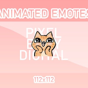 May include: Animated emotes featuring a cute orange cat with big eyes and a happy expression. The cat is wearing a white collar and is standing on its hind legs with its paws raised. The text "PIXEL BY DIGITAL" is written in white letters on a pink background. The text "112x112" is written in white letters below the cat.
