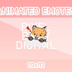 May include: Animated emotes for online chat, featuring a cute fox peeking over a sign that says "Pixel by Digital". The background is pink.