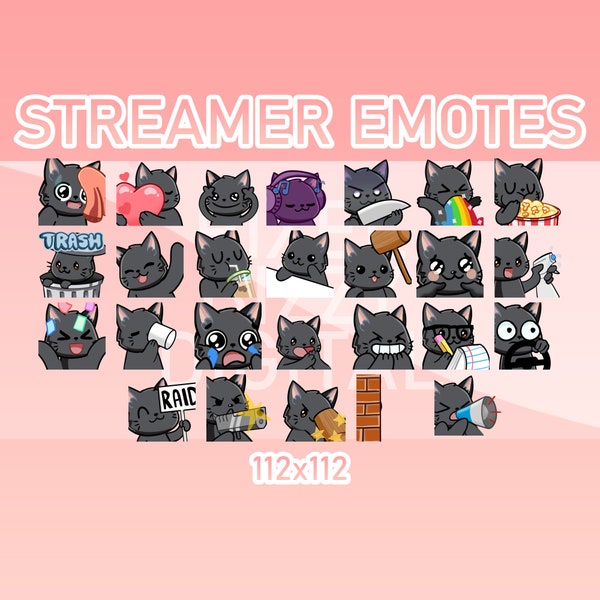 Animated Twitch, Discord and Kick Emotes - Animated Black Cat Pack (Set of 26)