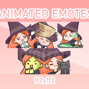 Puede incluir: Conjunto de cuatro emoticonos animados que representan a una bruja de dibujos animados con cabello naranja que lleva un sombrero de bruja negro. Los emoticonos miden 112x112 píxeles y muestran a la bruja bebiendo con una pajita, con aspecto triste, revolviendo un caldero y sosteniendo un gato negro.