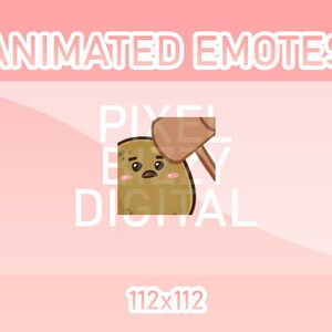May include: Animated emote of a brown potato with a surprised expression being hit by a wooden mallet. The text "PIXEL BY DIGITAL" is behind the potato. The text "ANIMATED EMOTES" is at the top of the image. The text "112x112" is at the bottom of the image.