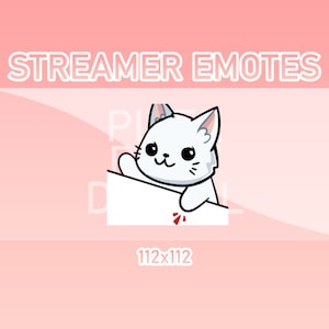May include: White cartoon cat with black eyes and a pink nose peeking over a white square. The cat is looking to the left. The text "Streamer Emotes" is at the top of the image. The text "112x112" is at the bottom of the image.