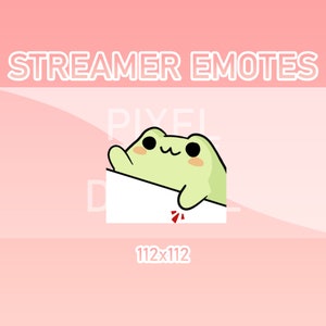 May include: A green frog cartoon character with big eyes and a smile peeking over a white square. The frog is holding a red exclamation point. The text "STREAMER EMOTES" is at the top of the image and "112x112" is at the bottom.