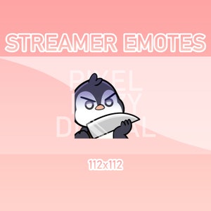 Puede incluir: Un pingüino de dibujos animados con un cuerpo blanco y negro y un pico morado sostiene un cuchillo plateado. El pingüino tiene una expresión amenazante en su rostro. La imagen es de 112x112 píxeles.