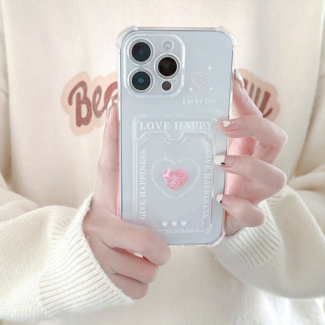 Pink Heart Phone Case With Card Holder, Transparent Card Slot iPhone 13